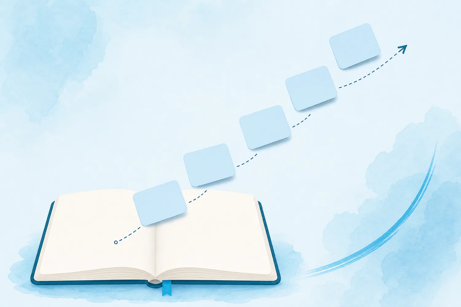 An open notebook on a soft blue background with small word cards lifting off the page along a gently rising arc, suggesting vocabulary moving into long-term memory over repeated reviews