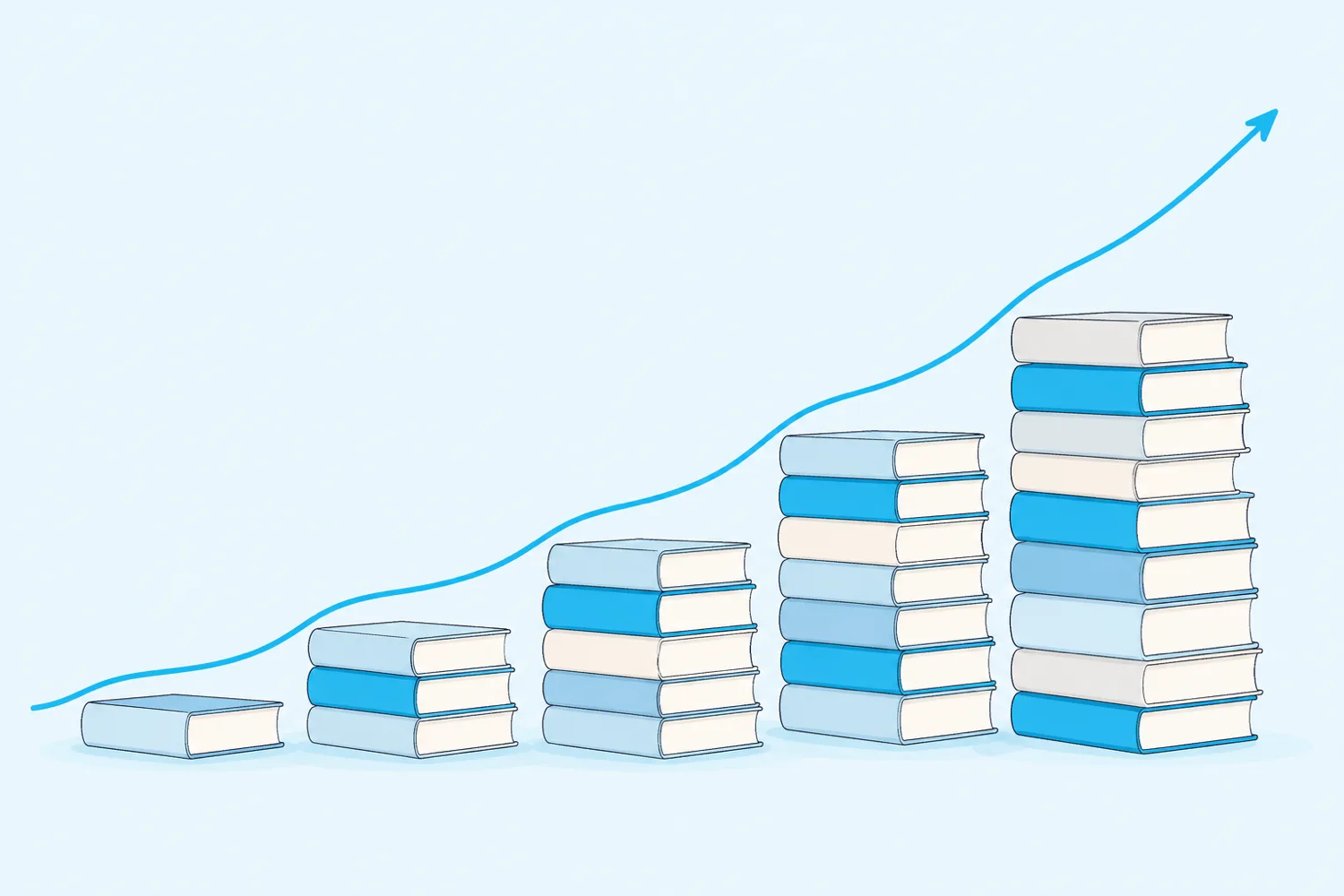 Ascending steps built from neatly stacked books on a soft blue background, with a thin line rising across them toward the upper right