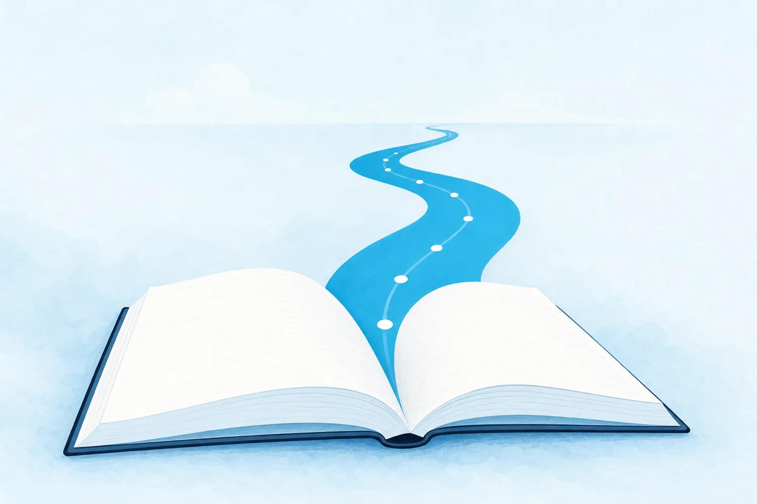An open handbook on a soft blue background with a road rising from its pages toward the horizon, marked by evenly spaced dots