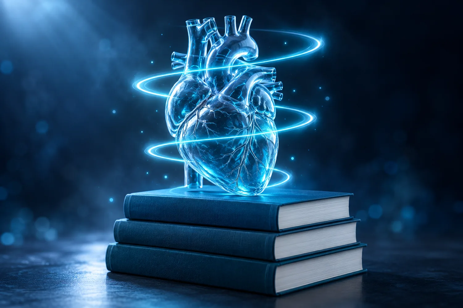 A glossy anatomical heart model made of translucent blue glass resting on a stack of closed textbooks, with a thin ribbon of light circling it in widening loops against a deep blue background