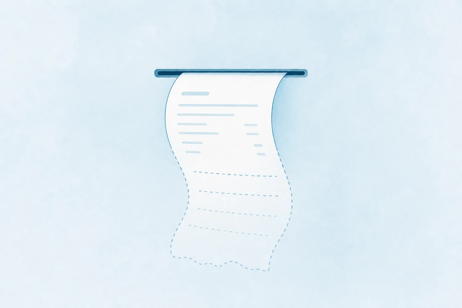 A flat-vector illustration of a paper receipt curling out of a slot on a soft pale-blue background, its trailing half dissolving into a dotted outline.