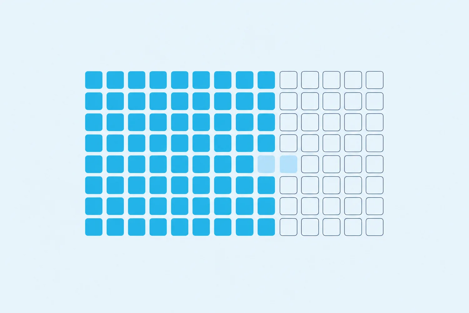 A grid of small rounded squares on a soft blue background, its cells filling row by row with solid blue, like a block of memory being set