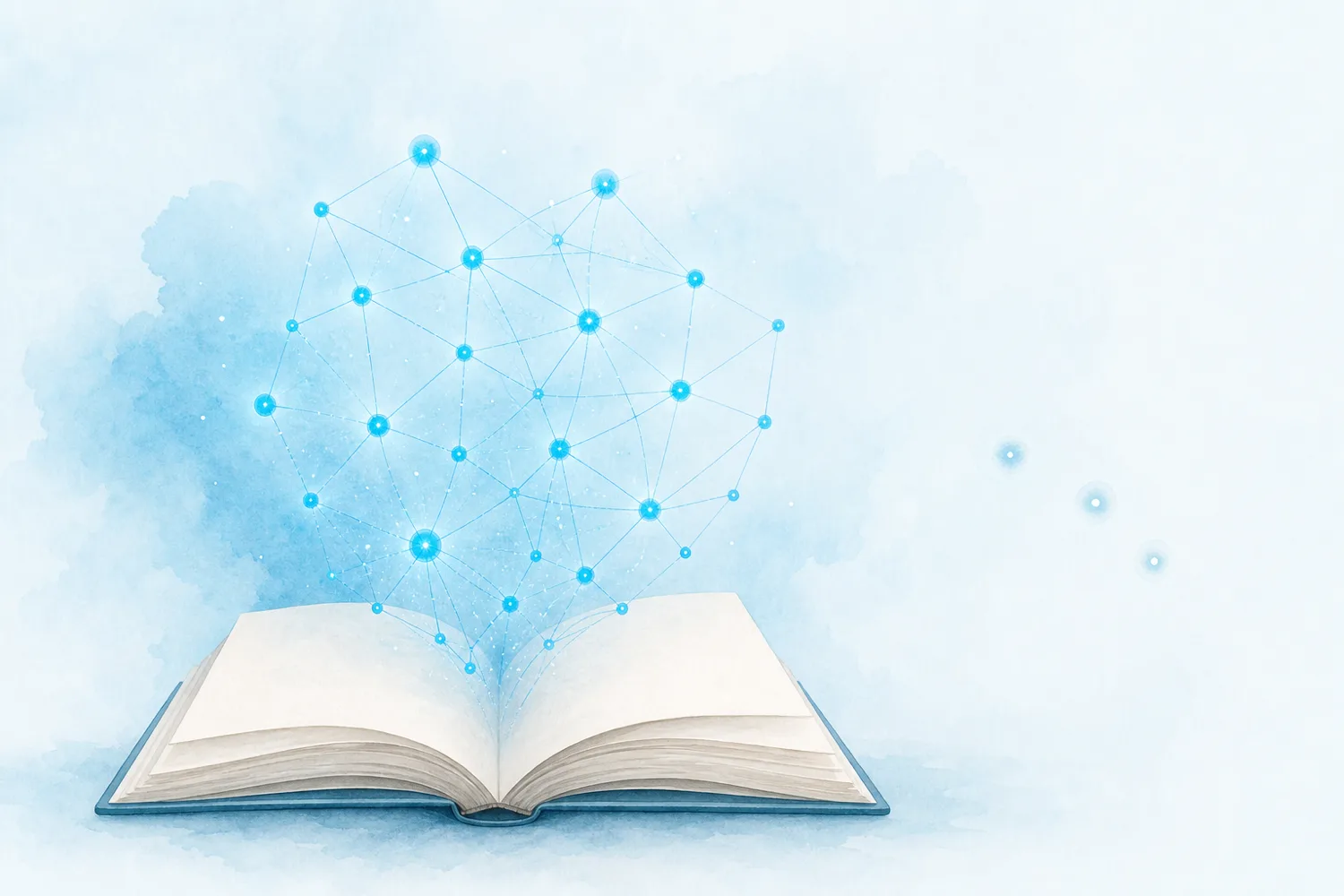 An open notebook on a soft blue background with small dots linked by thin lines into a connected cluster, while a few loose dots drift away unconnected