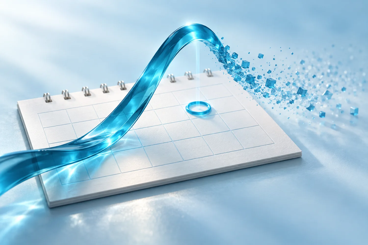 A 3D-rendered blank desk calendar with one cell ringed in blue, and a glossy translucent blue ribbon arcing over it that peaks above the ring, then descends and dissolves into drifting cubes and dust