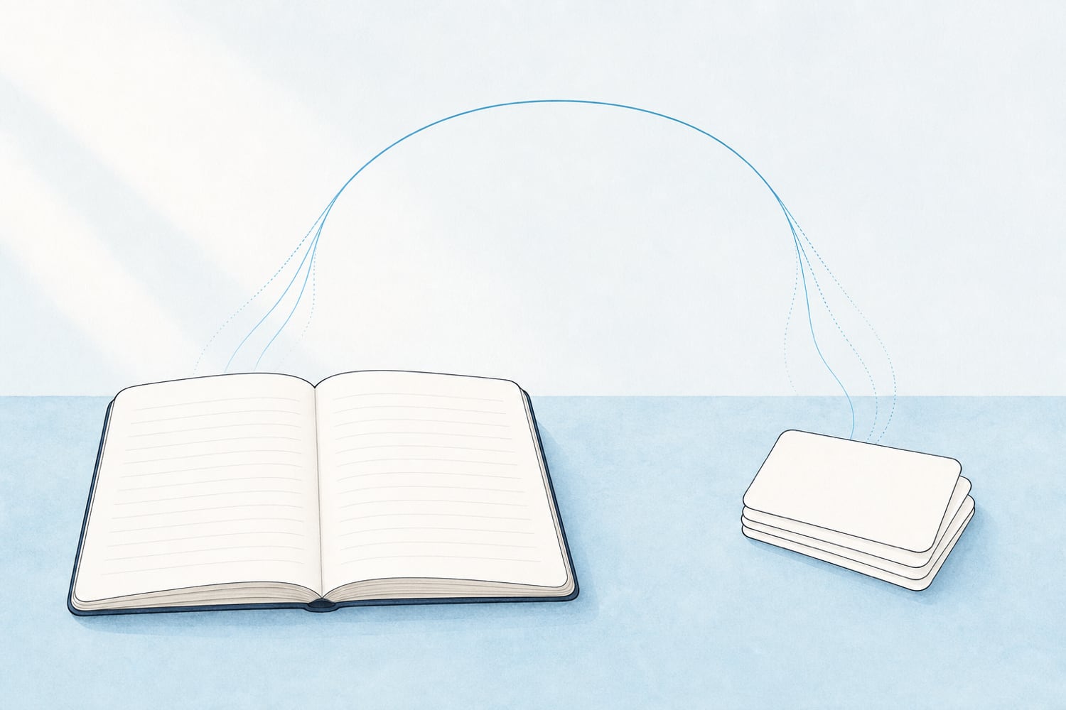 A flat editorial illustration of an open notebook beside a small stack of flashcards on a soft pale-blue desk surface, both contributing thin upward lines that rise into a single calm arc above them