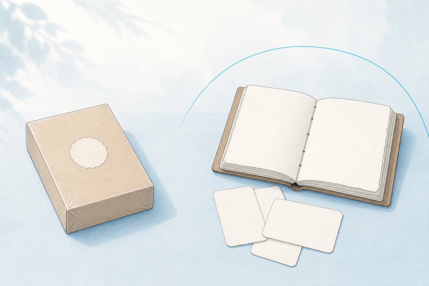 A flat editorial illustration on a soft pale-blue desk: on the left a polished, premium boxed deck of cards with a small blank seal, on the right a worn personal notebook and a few loose cards with a thin calm blue arc passing over them