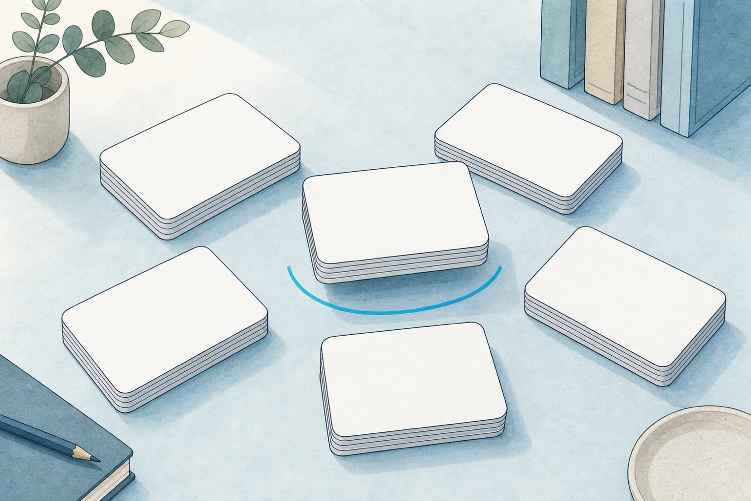 A flat editorial illustration of several small stacks of flashcards arranged in a loose grid on a soft pale-blue surface, with one stack gently lifted above the others and haloed by a thin calm arc, as if chosen for today