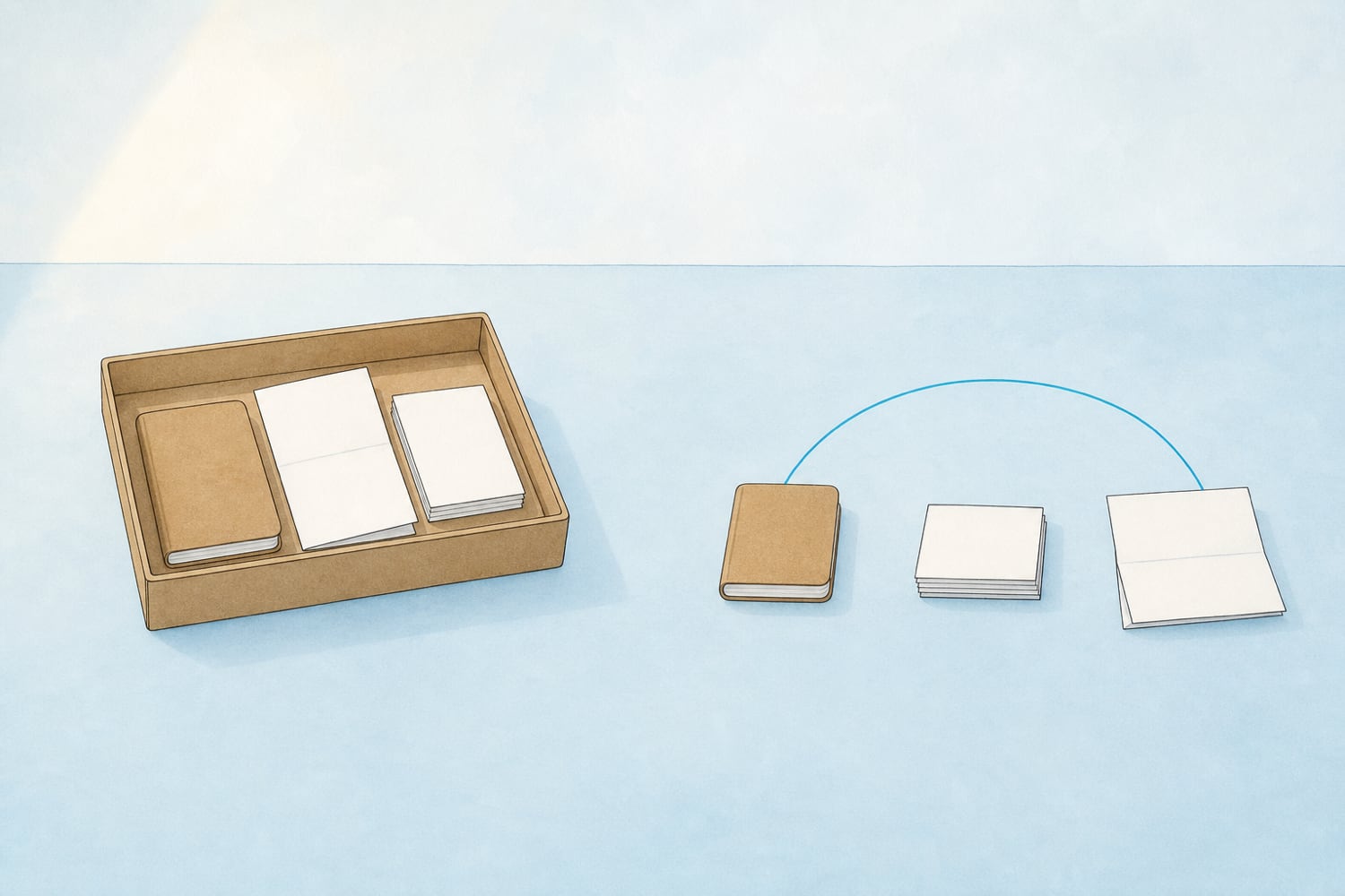 A flat editorial illustration contrasting two desk surfaces: on one side a single large open container holding notebooks, papers, and cards all stacked together; on the other side a few separate objects resting apart with a thin calm arc passing over them, on a soft pale-blue background