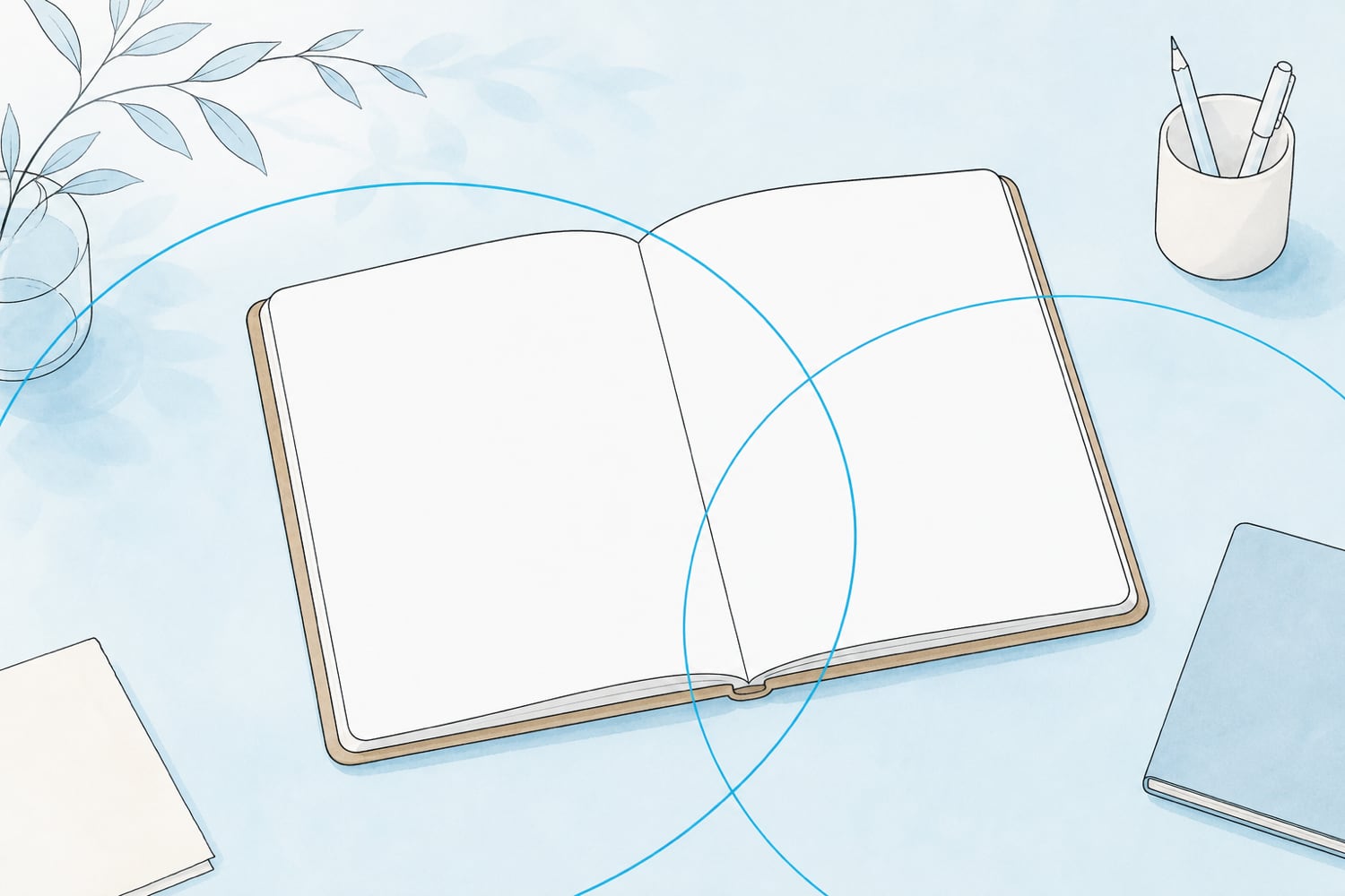 A flat editorial illustration of two soft interlocking arcs over a blank notebook on a pale blue desk, suggesting two methods working together