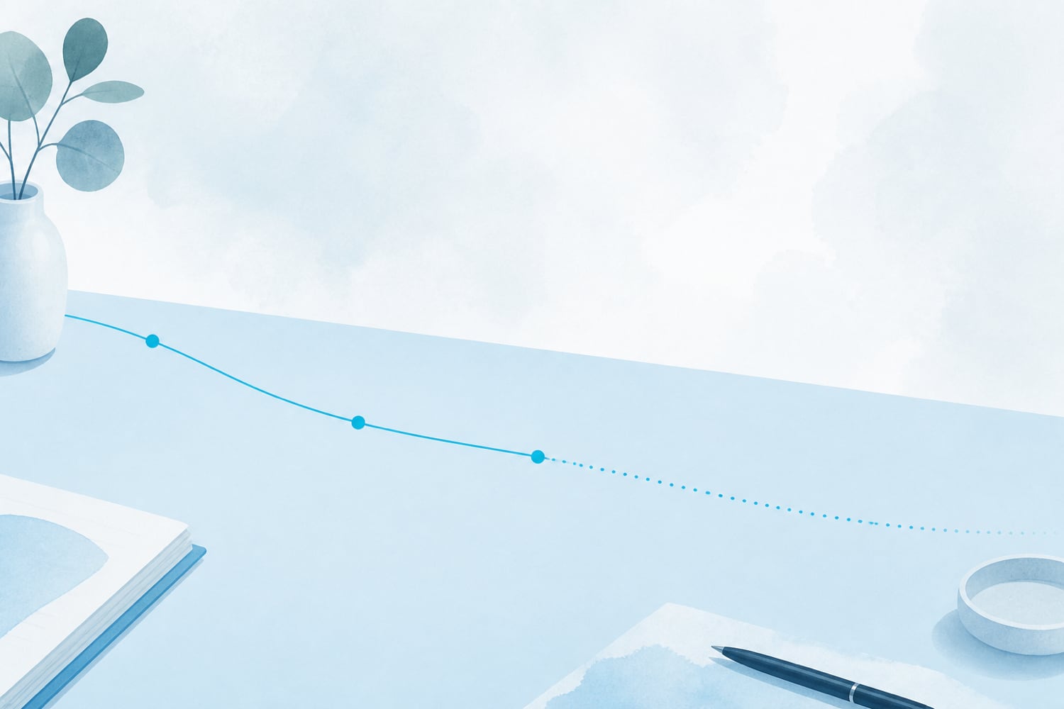 A flat editorial illustration of a soft blue curve being predicted, with a faint dotted continuation and small confidence marks, on a pale desk surface
