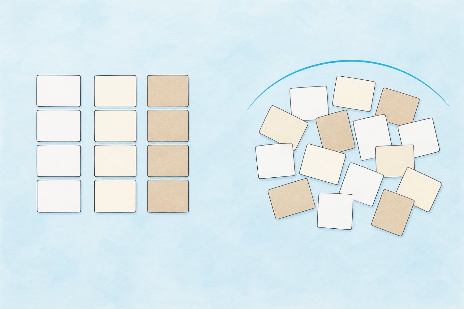 A flat editorial illustration on a soft blue desk of two card groups: one neatly sorted in same-colour runs, the other gently shuffled together, with a calm arc over the mixed group