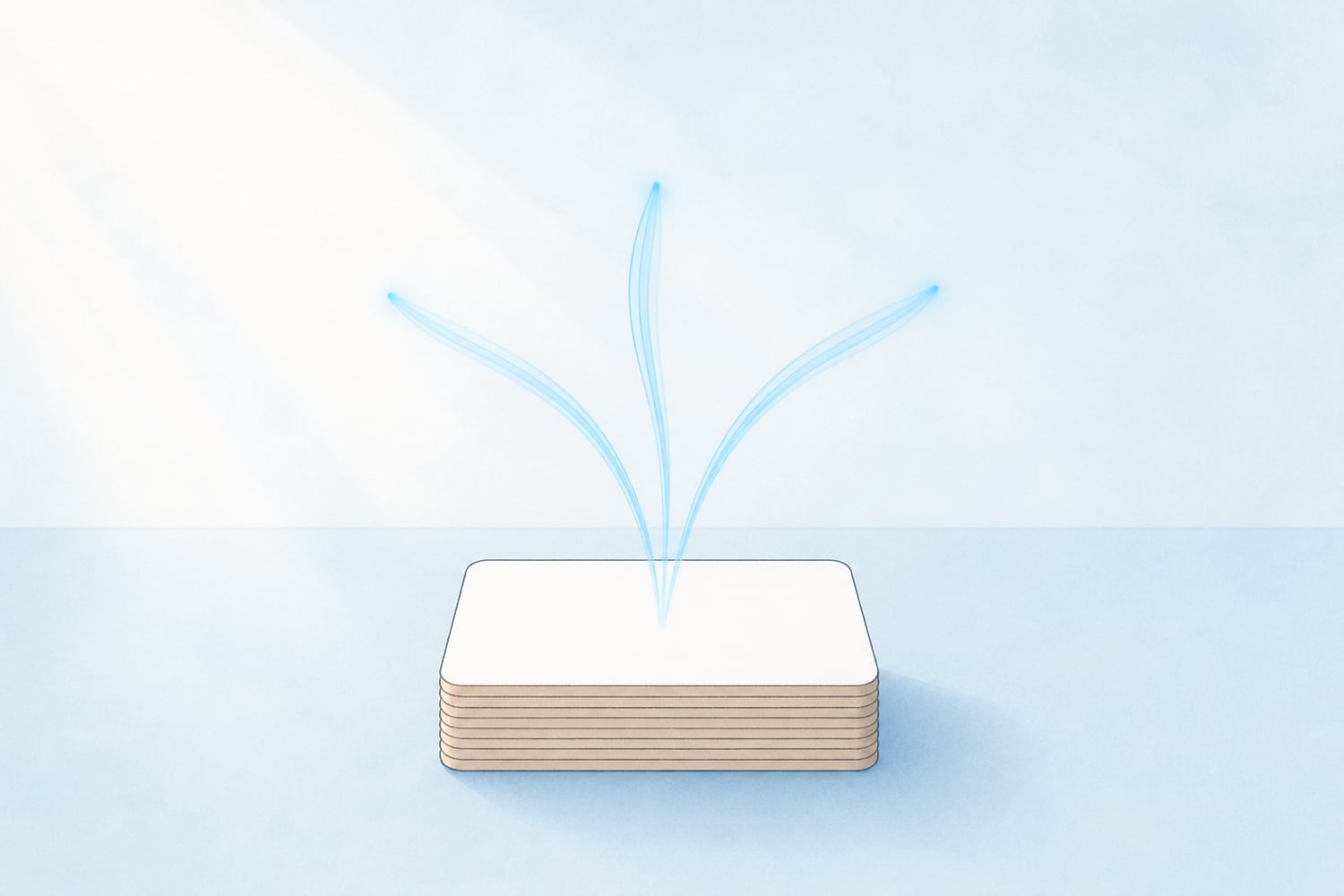 A flat editorial illustration of a small stack of blank word cards on a soft blue desk with gentle upward arcs rising from them, suggesting words moving into long-term memory