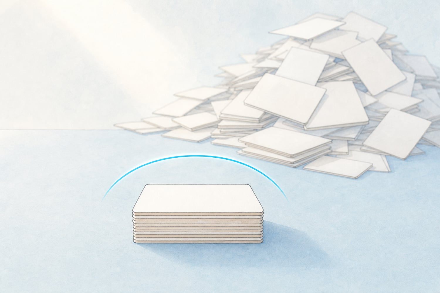 A flat editorial illustration of a calm desk where a small, even stack of cards sits under a gentle blue arc, while an oversized toppling pile is fading away in the background