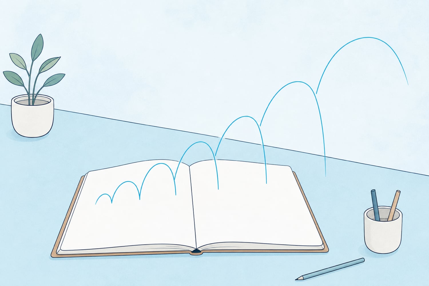 A flat editorial illustration of an open notebook on a soft blue desk with a series of gently widening arcs rising above it, representing reviews spaced at growing intervals