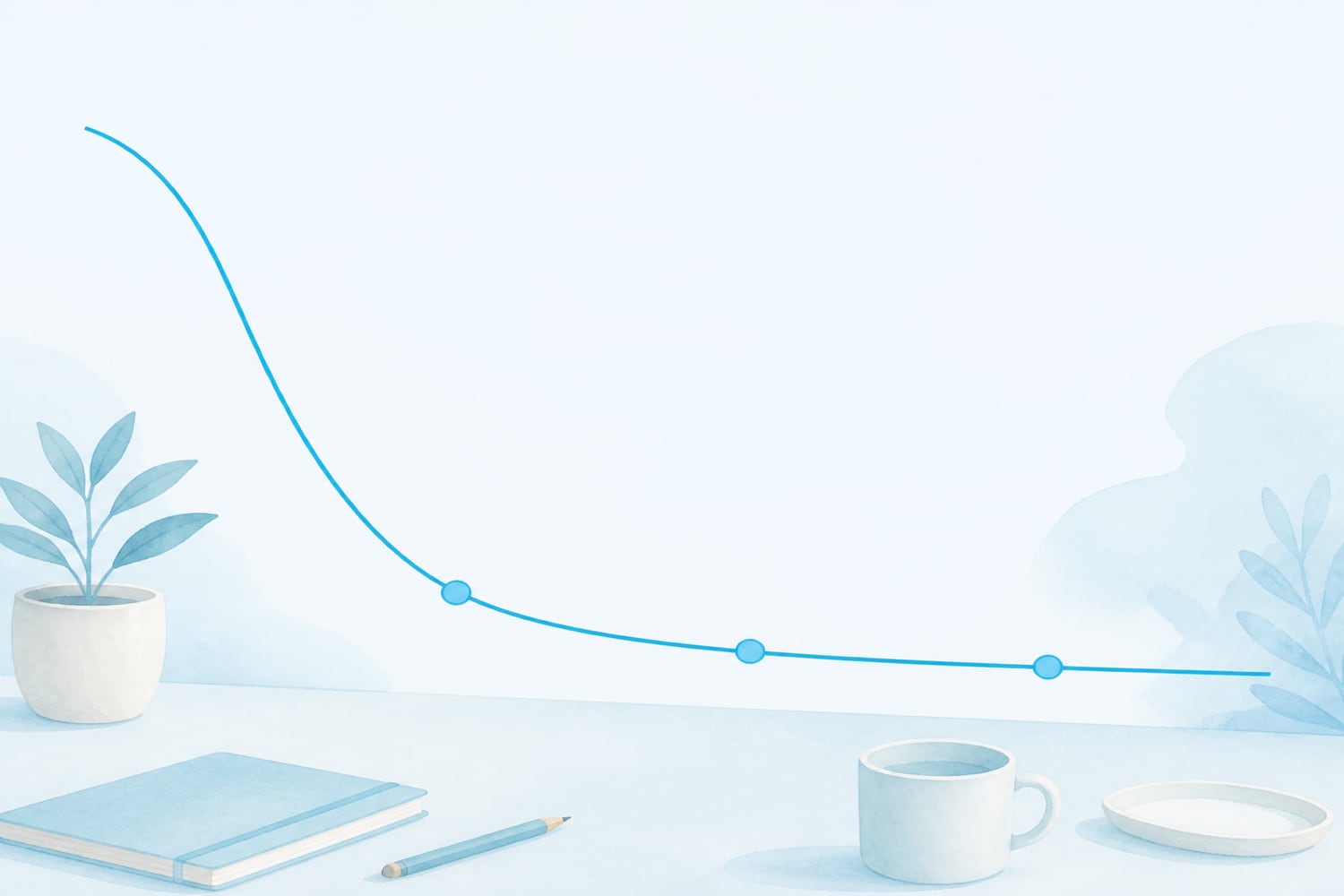 A flat editorial illustration of a softly descending curved line on a pale blue desk that levels off after a few small upward marks, suggesting memory decay slowed by reviews